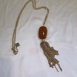 Kendra Scott Rayne Long Pendant Necklace with Gold chain and Burnt Orange stone